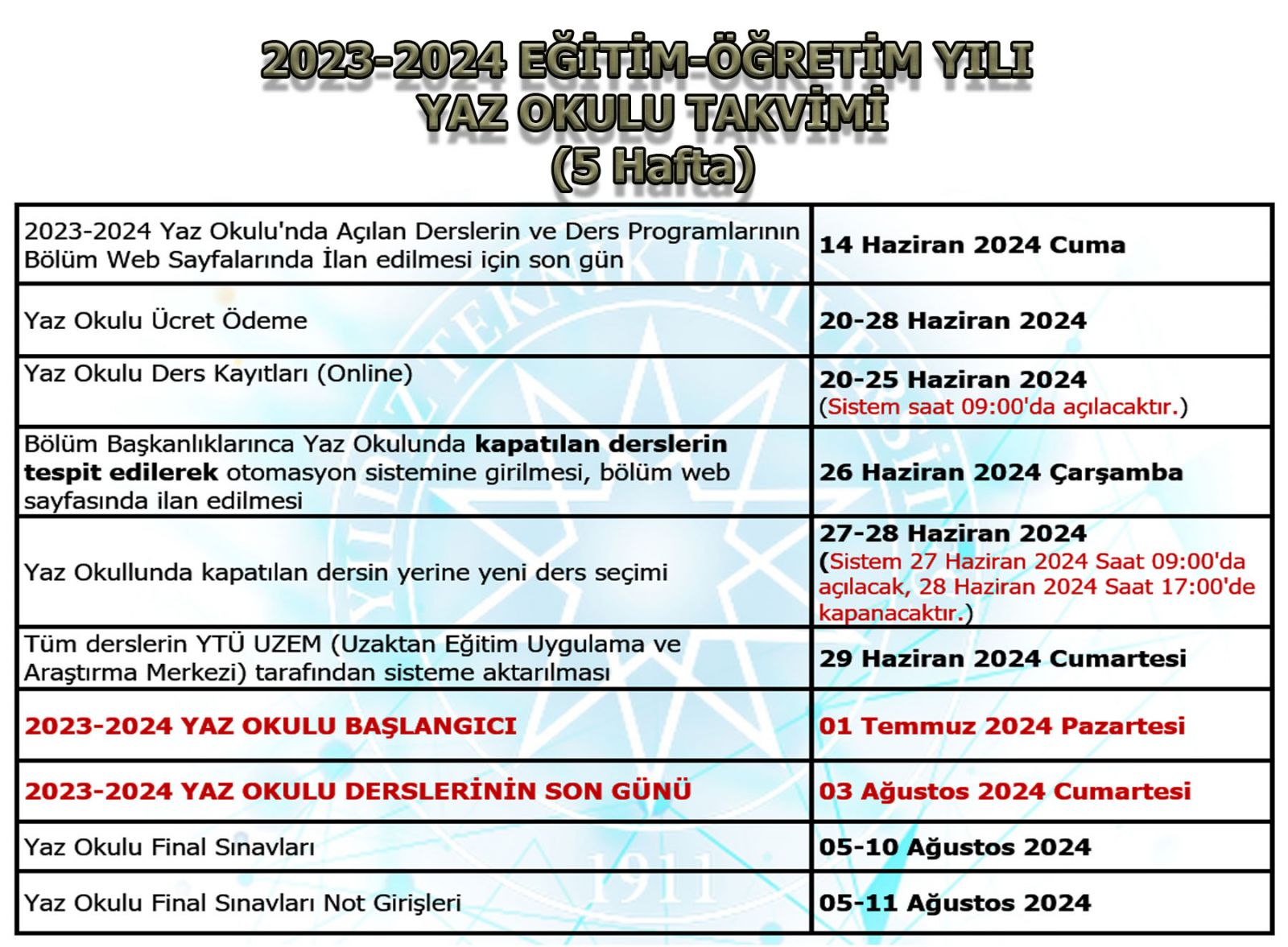 ytü yaz okulu takvimi